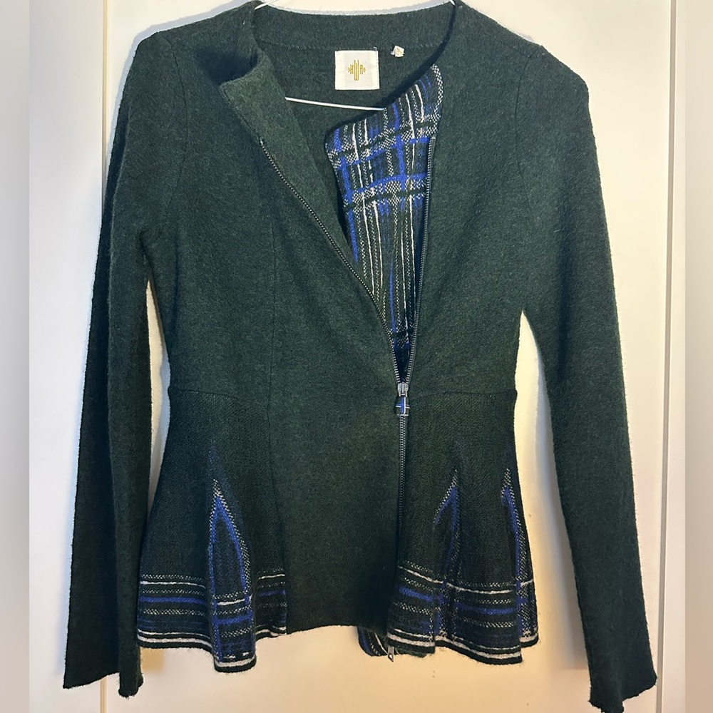 Dark Green Jacket with Blue Plaid Accents